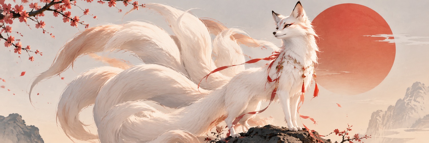 Regal nine-tailed fox beneath a red moon